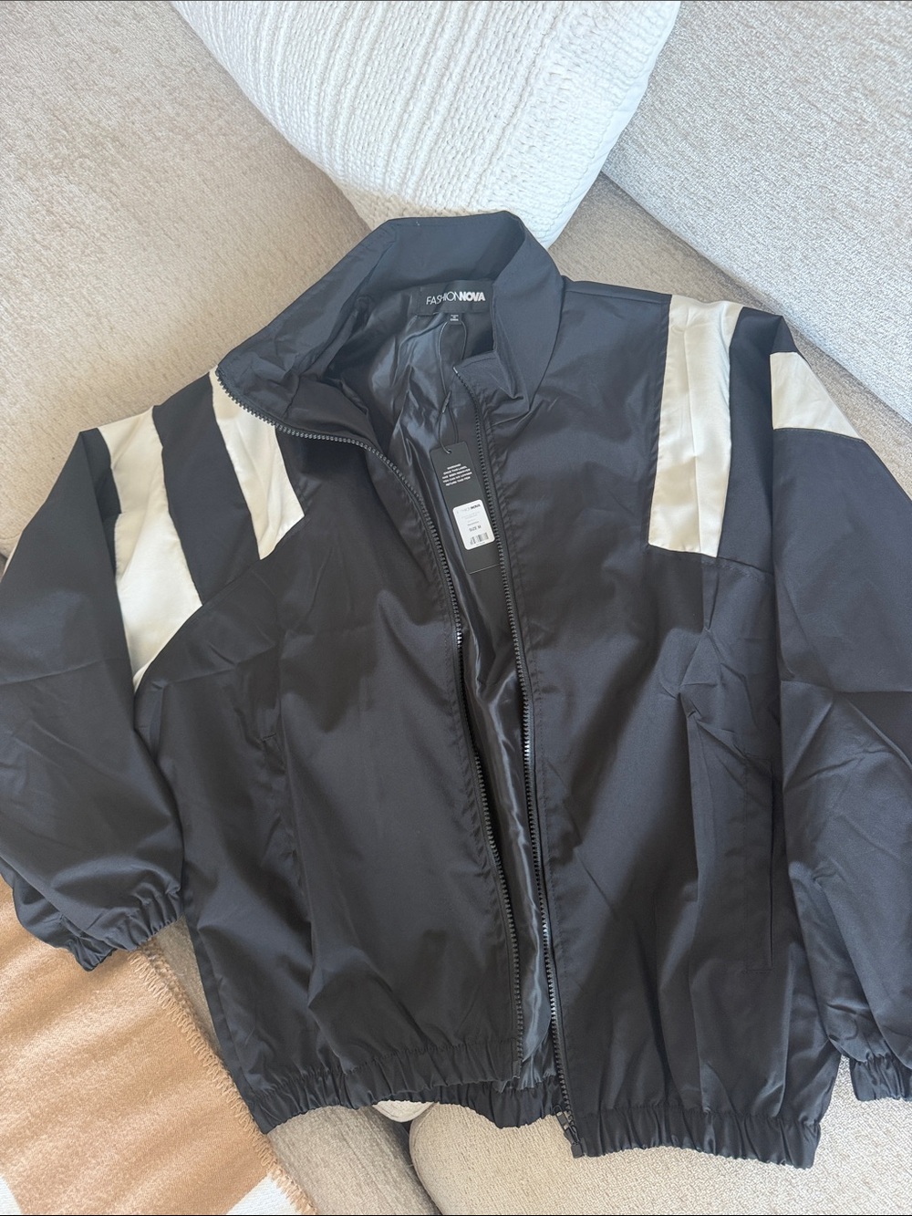 Fashion Nova Black Windbreaker Jacket with Cream Shoulder Stripes